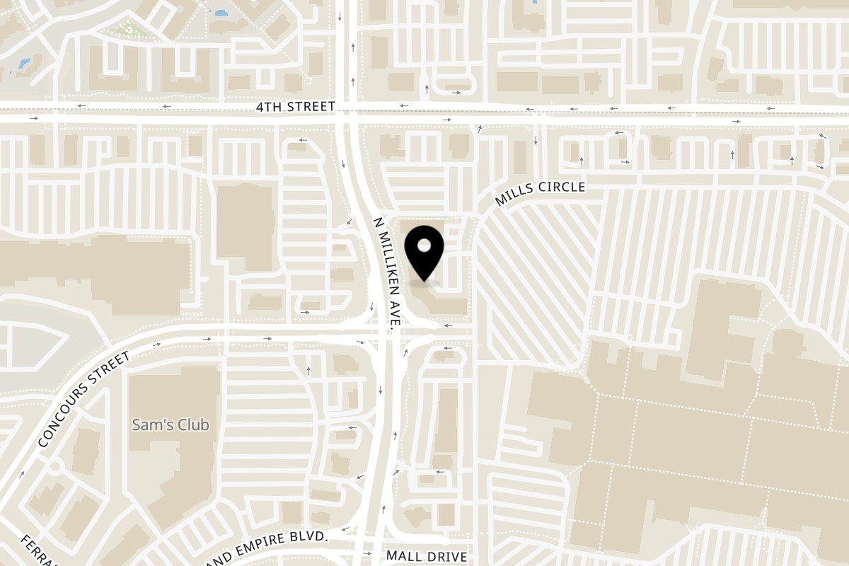 Map showing the location of Rude Jerk Kitchen Ontario on 4323 Mills Cir #102 in Ontario